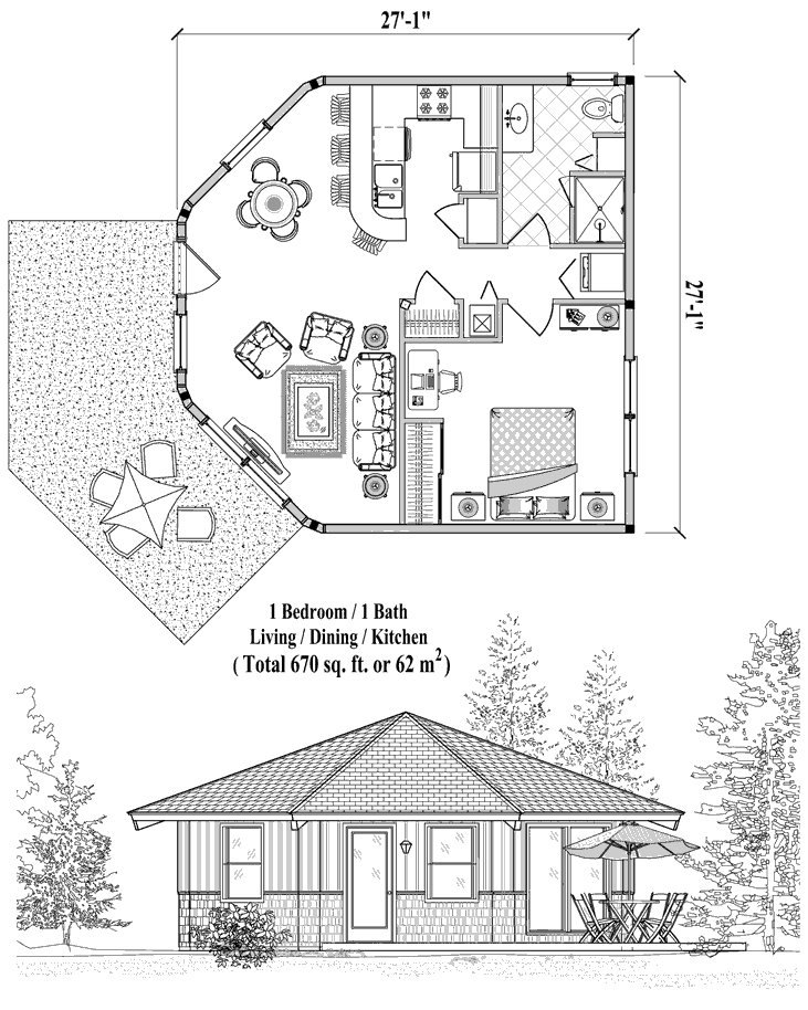 Prefab Patio House Plan - PTE-0222 (670 sq. ft.) 1 Bedrooms, 1 Baths