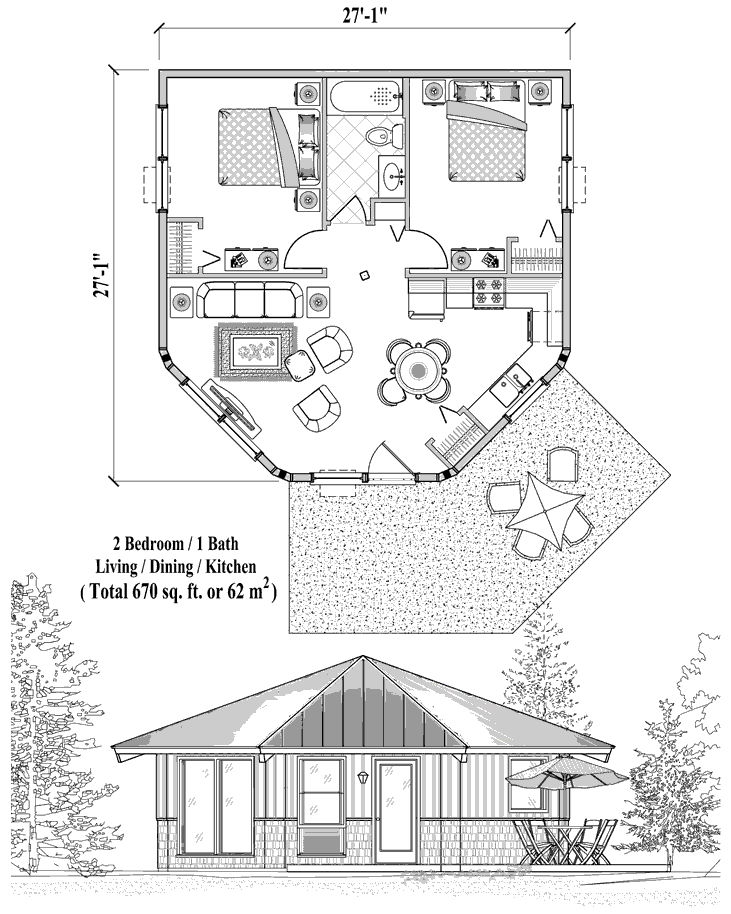 Patio Prefab Online House Plan Collection PTE-0223 (670 sq. ft.) 2 Bedrooms, 1 Baths