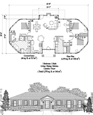 Patio House Plan PTE-0225 (1630 Sq. Ft.) 3 Bedrooms 2 Bathrooms