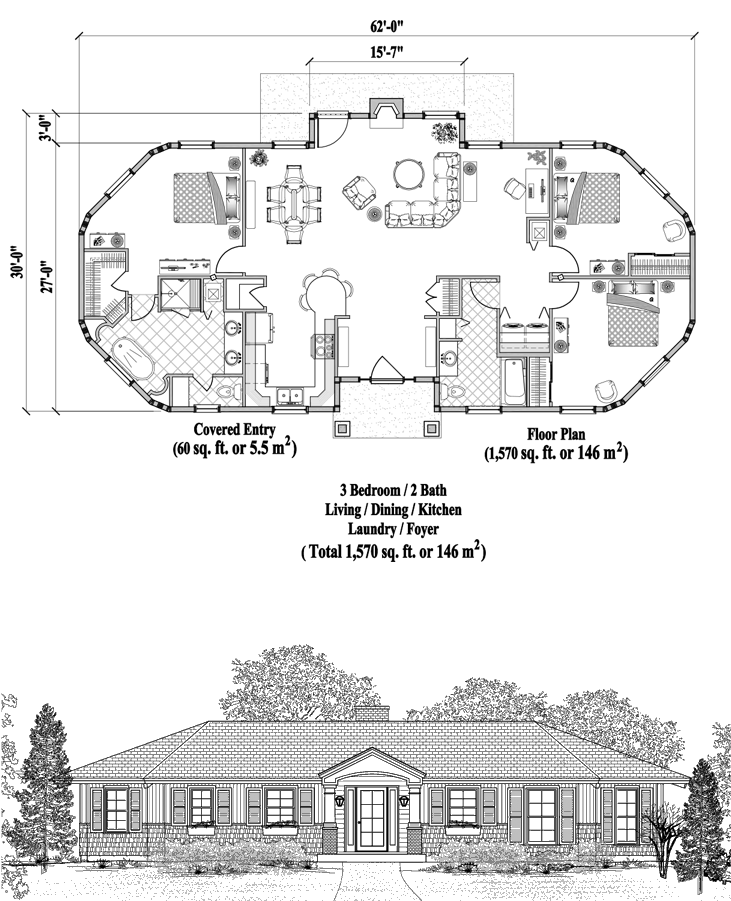 Prefab Patio House Plan - PTE-0225 (1570 sq. ft.) 3 Bedrooms, 2 Baths