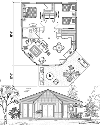 Patio House Plan PTE-0226 (800 Sq. Ft.) 2 Bedrooms 1 Bathrooms