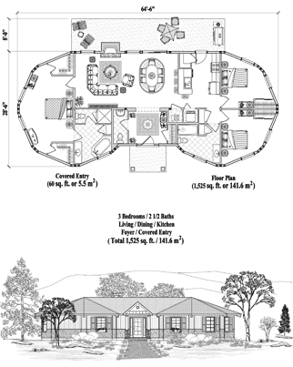 Patio House Plan PTE-0227 (1525 Sq. Ft.) 3 Bedrooms 2.5 Bathrooms