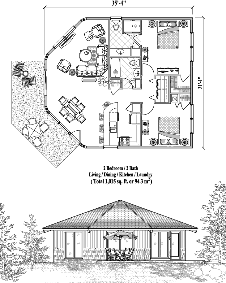 Prefab Patio House Plan - PTE-0324 (1015 sq. ft.) 2 Bedrooms, 2 Baths