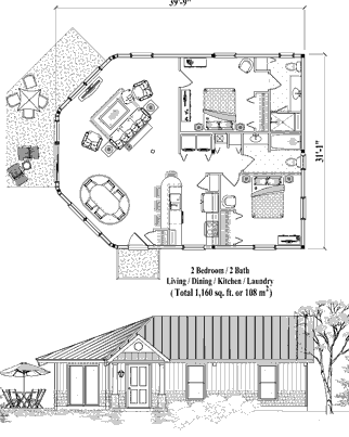 Patio House Plan PTE-0325 (1160 Sq. Ft.) 2 Bedrooms 2 Bathrooms