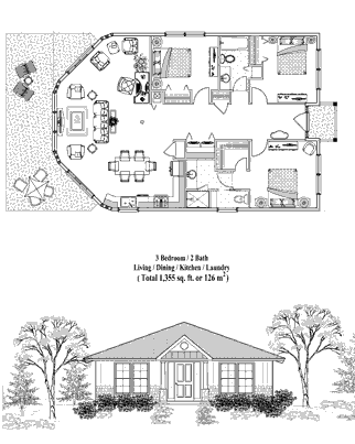 Patio House Plan PTE-0326 (1355 Sq. Ft.) 3 Bedrooms 2 Bathrooms