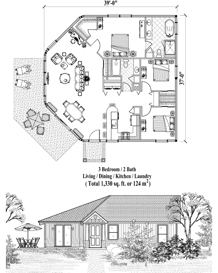 Prefab Patio House Plan - PTE-0422 (1330 sq. ft.) 3 Bedrooms, 2 Baths