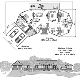 Signature Design Hawaii Home Floor Plan (3115 Sq. Ft. with 3 Bedrooms and 2.5 Bathrooms, including Living Room, Dining, Kitchen, Study, Laundry & Garage). Ideal for home building on sloping mountain terrain and coastal areas of the Hawaii Islands.