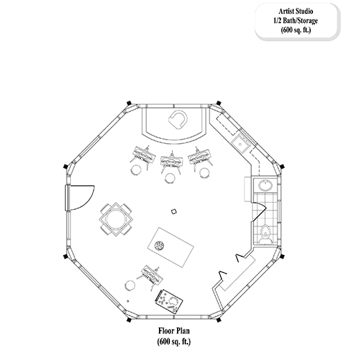Online Floor Plan : Art Studio (600 sq. ft.) with 1/2 Bath - POOL HOUSE /  STUDIO Collection [ST-0201]