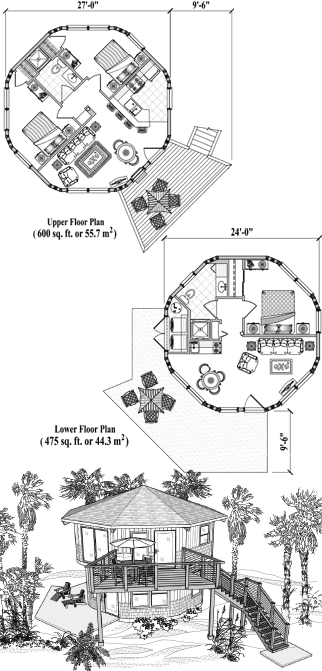 Two-Story House Plan TS-0225 (1075 Sq. Ft.) 3 Bedrooms 2 Bathrooms