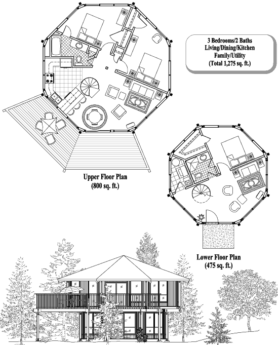 Two-Story Prefab Online House Plan Collection TS-0301 (1275 sq. ft.) 3 Bedrooms, 2 Baths
