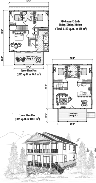 Two-Story House Plan TS-2101 (2100 Sq. Ft.) 5 Bedrooms 3 Bathrooms