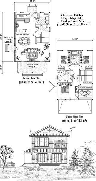 Two-Story Hawaii Home Floor Plan (1600 Sq. Ft. with 3 Bedrooms and 2.5 Bathrooms, including Living, Dining, Kitchen, Laundry, Covered Porch). Ideal for home building on sloping mountain terrain and coastal areas of the Hawaii Islands.