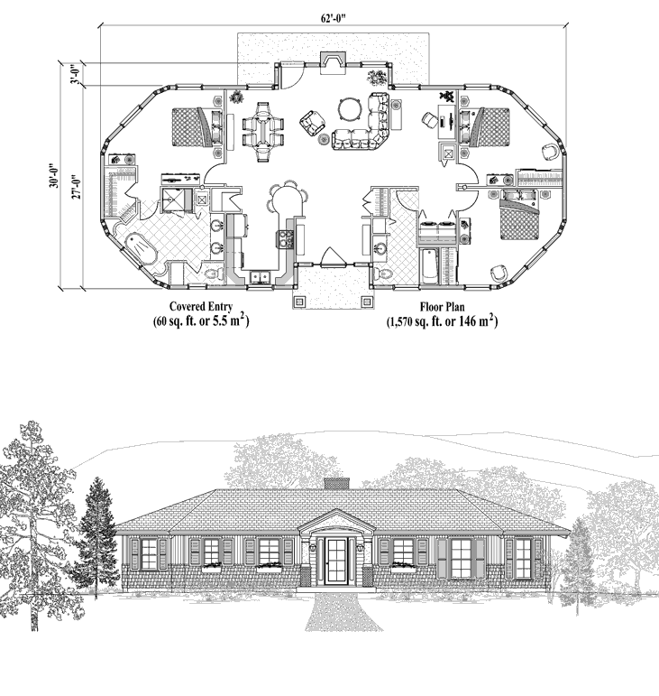 Prefab Classic House Plan - CM-0204 (1570 sq. ft.) 3 Bedrooms, 2 Baths, Living, Dining, Kitchen, Foyer, Covered Entry
