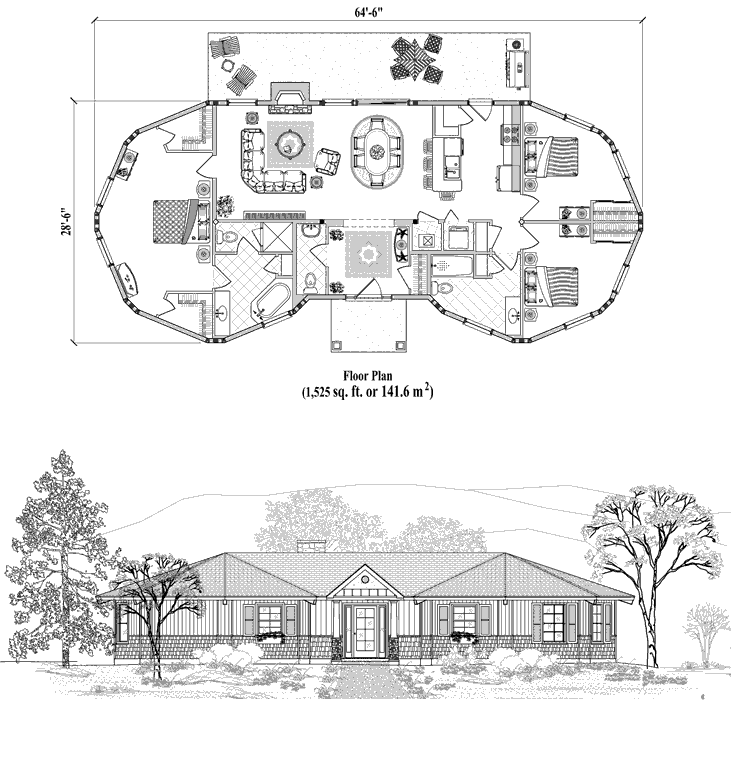 Prefab Classic House Plan - CM-0205 (1525 sq. ft.) 3 Bedrooms, 2 1/2 Baths, Living, Dining, Kitchen, Foyer, Covered Entry
