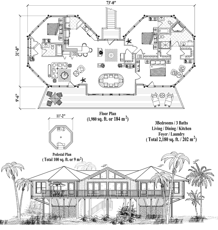 Prefab Classic House Plan - CM-0309 (2180 sq. ft.) 3 Bedrooms, 3 Baths, Living Room, Dining Room, Kitchen, Foyer, Laundry