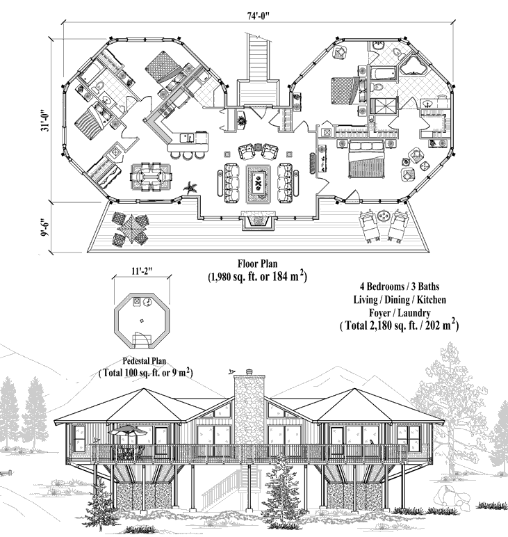 Prefab Piling House Plan - CM-0310 (2180 sq. ft.) 4 Bedrooms, 3 Baths