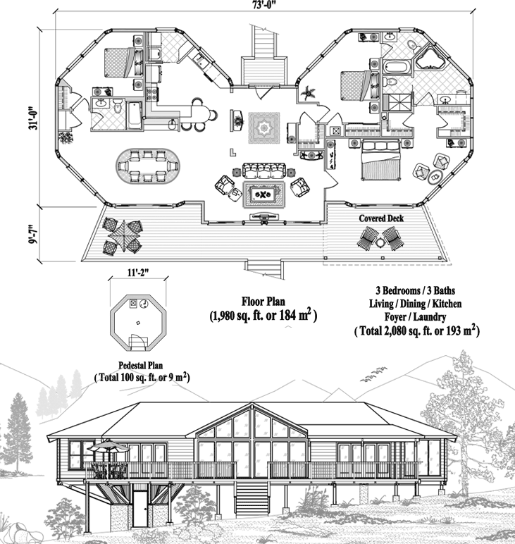 Prefab Classic House Plan - CM-0317 (2080 sq. ft.) 3 Bedrooms, 3 Baths, Living, Dining, Kitchen, Foyer, Laundry