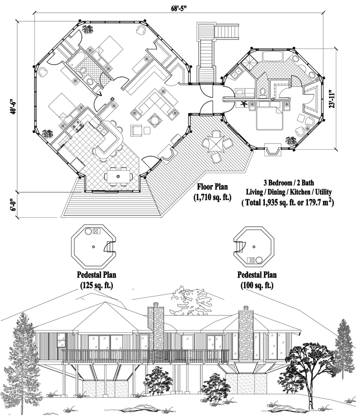 Prefab Classic House Plan - CM-0407 (1935 sq. ft.) 3 Bedrooms, 2 Baths, Living, Dining, Kitchen, Utility