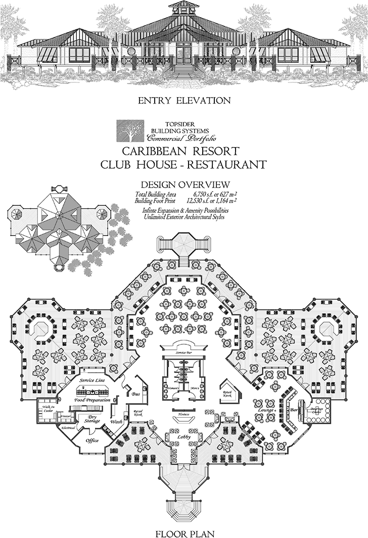 Prefab Commercial House Plan - COMM-Caribbean-Resort-Club-House-Restaurant-Floor-Plan (6750 sq. ft.) 0 Bedrooms, 0 Baths, Caribbean Resort Club House & Restaurant w/ Lounge, Bar, Lobby & Office