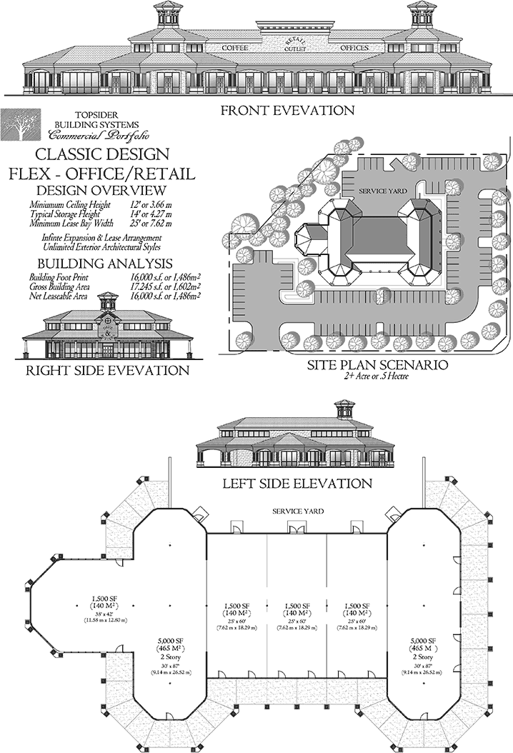 Prefab Commercial House Plan - COMM-Classic-Flex-Office-Retail-Food-Service-Doctors-Mall-Plaza-Floor-Plan (17245 sq. ft.) 0 Bedrooms, 0 Baths, Classic Design Flex Mall or Plaza w/ Office, Retail, and Restaurant Space