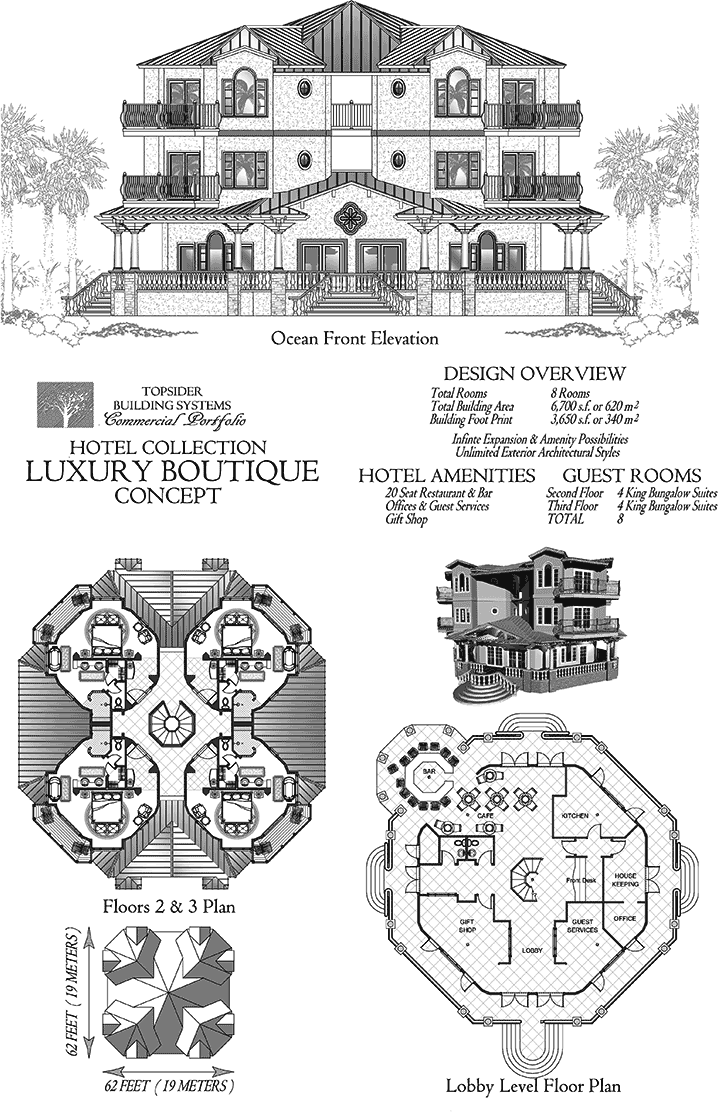 Prefab Commercial House Plan - COMM-Luxury-Boutique-Hotel-Plan-Lobby-Ocean-Guest-Rooms (6700 sq. ft.) 3 Bedrooms, 2 1/2 Baths, Luxury Boutique Ocean Front Hotel w/8 Guest Bungalows, Restaurant/Bar, Offices & Gift Shop