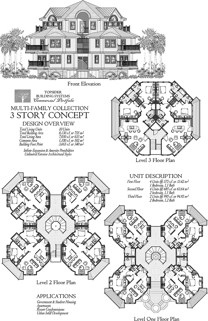 Prefab Commercial House Plan - COMM-Multi-Family-Residence-3-Story-10-Units-Floor-Plan (8130 sq. ft.) 3 Bedrooms, 2 1/2 Baths, Multi-Family 3-Story Residence/Condominium Resort w/ 10 Units & Common Area