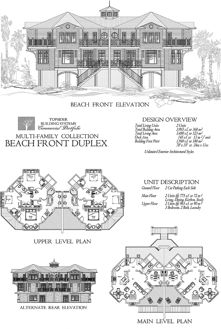 Prefab Commercial House Plan - COMM-Multi-Family-Residence-Beach-House-Duplex-House-Plan (3965 sq. ft.) 3 Bedrooms, 2 1/2 Baths, Multi-Family Beach Front Duplex (2 Units) w/ Kitchen, Study & Laundry
