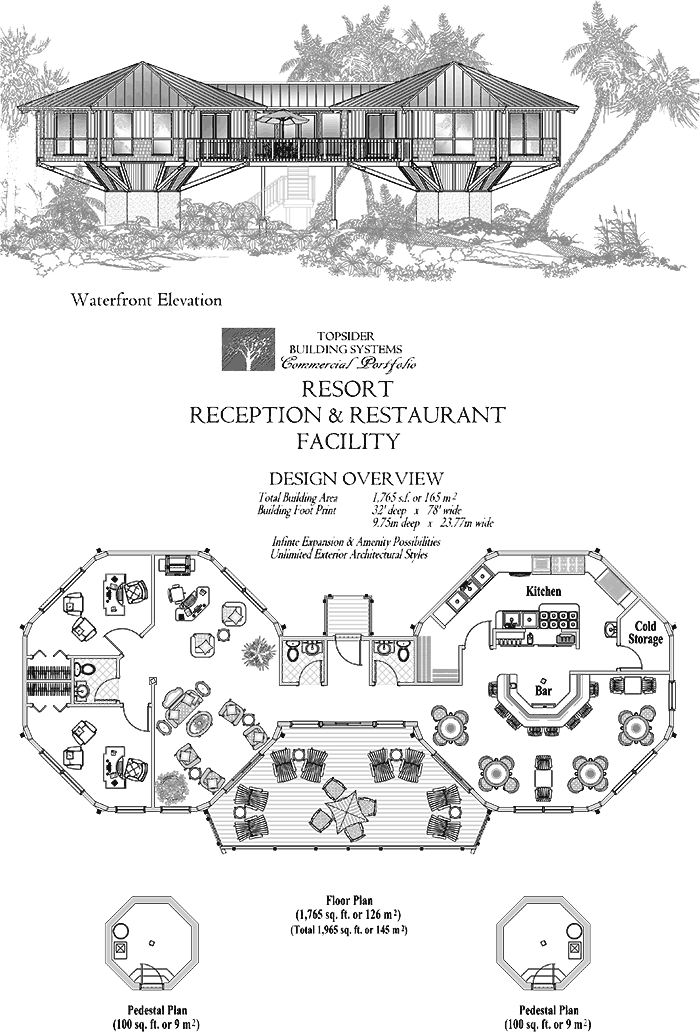 Prefab Commercial House Plan - COMM-Resort-Reception-Family-Restaurant-Facility-Waterfront-Floor-Plan (1765 sq. ft.) 3 Bedrooms, 2 1/2 Baths, Waterfront Resort Reception & Family Restaurant Facility