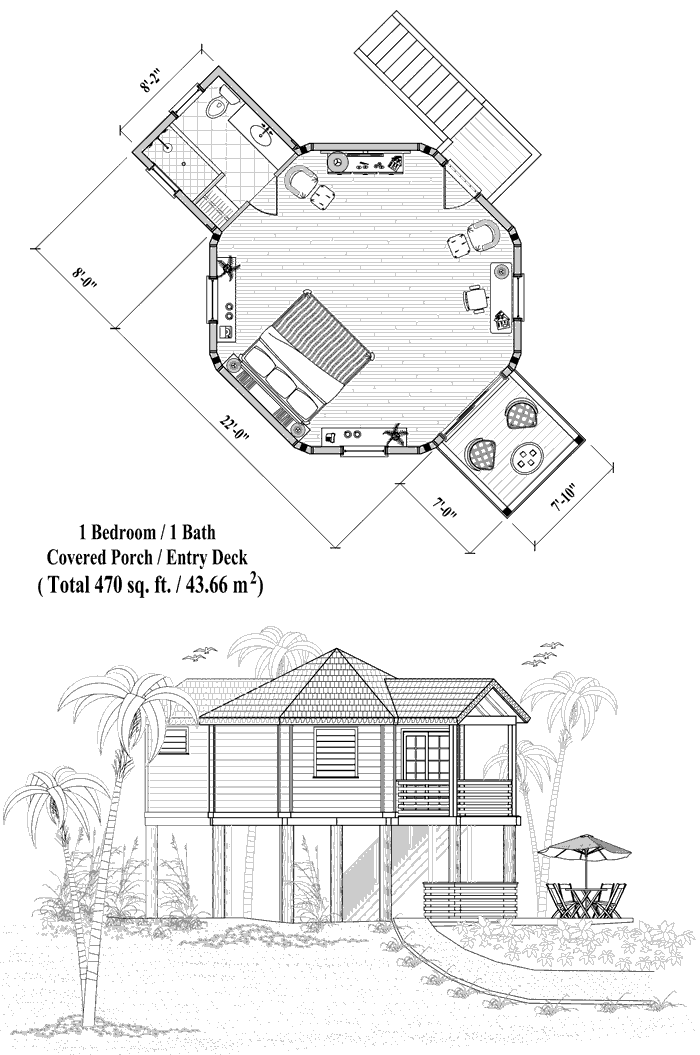 Prefab Commercial House Plan - COMM-Tropical-Cottage-Floor-Plan (470 sq. ft.) 1 Bedrooms, 1 Baths, Elevated Tropical Cottage