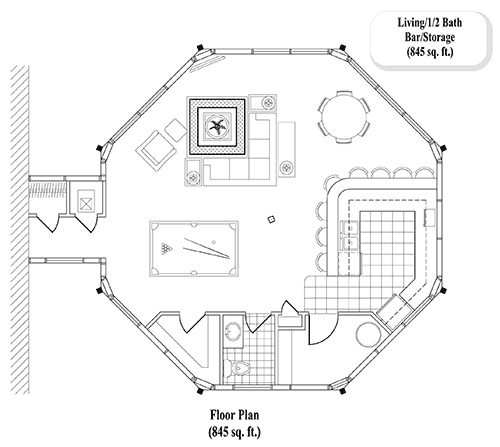 Prefab Family Rooms House Plan - FR-0301 (845 sq. ft.) 0 Bedrooms,  1/2 Baths, 845 sq. ft. with Entertainment & Living Area, Bar & 1/2 Bath
