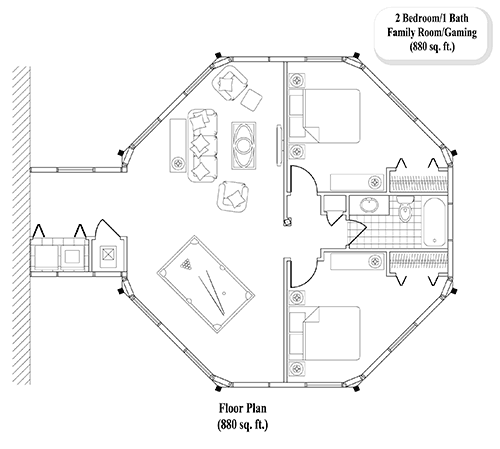 Prefab Family Rooms House Plan - FR-0303 (880 sq. ft.) 2 Bedrooms, 1 Baths, 880 sq. ft. with 2 Bed, 1 Bath & Recreation & Living Area