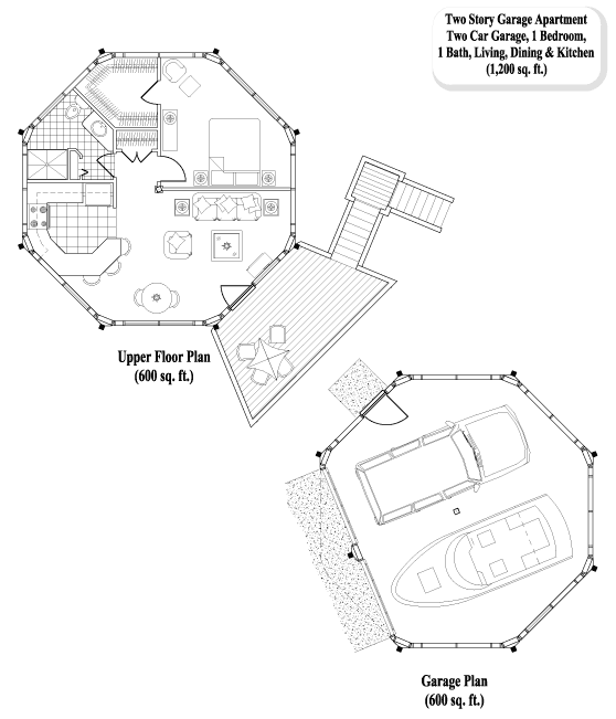 Prefab Garage Apartments House Plan - GA-0202 (1200 sq. ft.) 1 Bedrooms, 1 Baths, 2 Car Garage & 1 Bedroom Apartment (1,200 sq. ft.)
