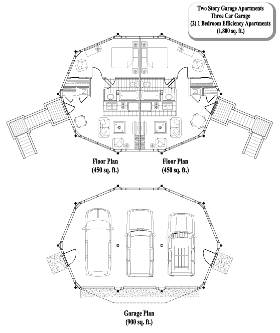 Prefab Garage Apartments House Plan - GA-0203 (1800 sq. ft.) 2 Bedrooms, 2 Baths, 3 Car Garage & (2) Efficiency Apartments (1,800 sq. ft. Total)