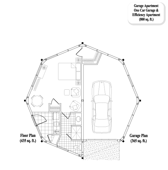 Prefab Garage Apartments House Plan - GA-0301 (800 sq. ft.) 1 Bedrooms, 1 Baths, 1 Car Garage & Efficiency Apartment w/Closet (800 sq. ft.)
