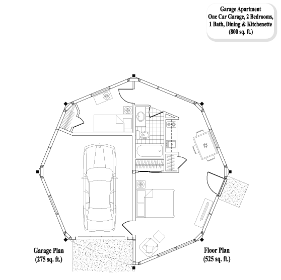 Prefab Garage Apartments House Plan - GA-0302 (800 sq. ft.) 2 Bedrooms, 1 Baths, 1 Car Garage & 2 Bedroom Apartment (800 sq. ft.)