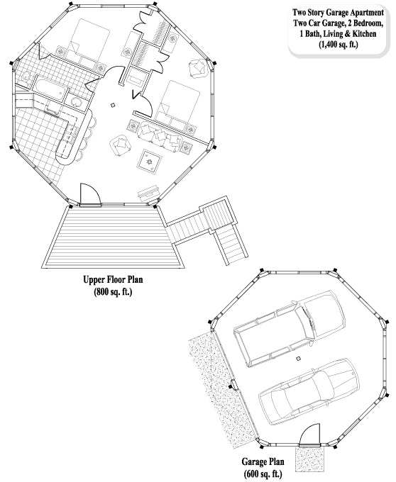 Prefab Garage Apartments House Plan - GA-0303 (1400 sq. ft.) 2 Bedrooms, 1 Baths, 2 Car Garage & 2 Bedroom Apartment (1,400 sq. ft.)
