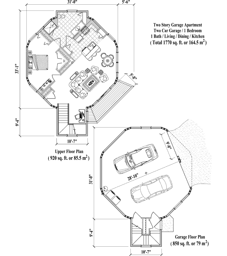 Prefab Garage Apartments House Plan - GA-0304 (1770 sq. ft.) 1 Bedrooms, 1 Baths, 2 Car Garage & 1 Bedroom Apartment (1,770 sq. ft.)