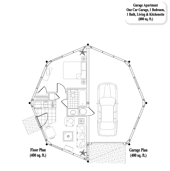 Prefab Garage Apartments House Plan - GA-0306 (800 sq. ft.) 1 Bedrooms, 1 Baths