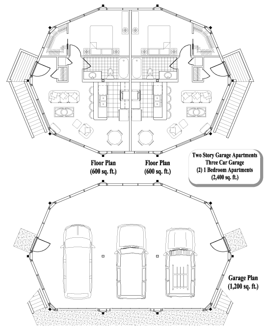 Prefab Garage Apartments House Plan - GA-0307 (2400 sq. ft.) 2 Bedrooms, 2 Baths, 3 Car Garage & (2) 1 Bedroom Apartments (2,400 sq. ft. Total)
