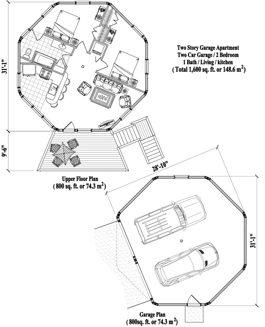 Prefab Garage Apartments House Plan - GA-0308 (1600 sq. ft.) 2 Bedrooms, 1 Baths, 2 Car Garage & 2 Bedroom Apartment (1,600 sq. ft.)
