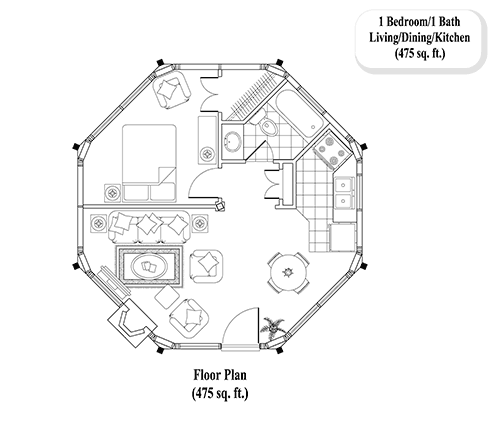 Prefab Guest House House Plan - GH-0101 (475 sq. ft.) 1 Bedrooms, 1 Baths, 1 Bed, 1 Bath, Living Area, Dining & Kitchen (475 sq. ft.)