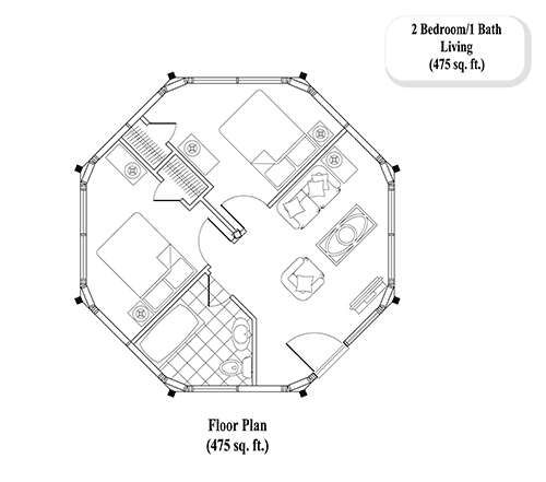 Prefab Guest House House Plan - GH-0102 (475 sq. ft.) 2 Bedrooms, 1 Baths, 2 Bed, 1 Bath & Living Area (475 sq. ft.)
