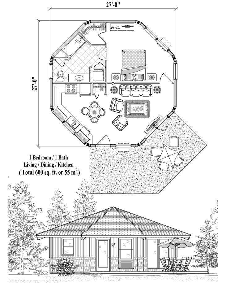 Prefab Guest House House Plan - GH-0201 (600 sq. ft.) 1 Bedrooms, 1 Baths, 1 Bed, 1 Bath, Living Area, Dining & Kitchen (600 sq. ft.)