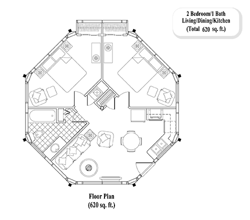 Prefab Guest House House Plan - GH-0203 (620 sq. ft.) 2 Bedrooms, 1 Baths, 2 Bed, 1 Bath, Living Area, Dining & Kitchen (620 sq. ft.)
