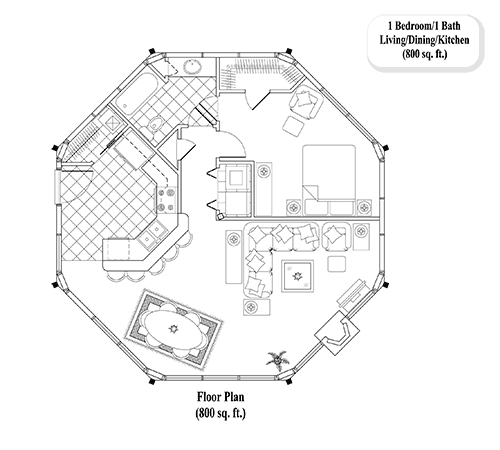 Prefab Guest House House Plan - GH-0301 (800 sq. ft.) 1 Bedrooms, 1 Baths, 1 Bed, 1 Bath, Living Area, Dining & Kitchen (800 sq. ft.)