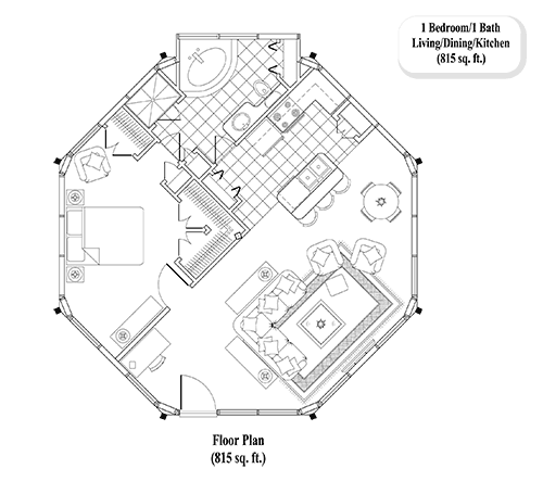 Prefab Guest House House Plan - GH-0303 (815 sq. ft.) 1 Bedrooms, 1 Baths, 1 Bed, 1 Bath, Living Area, Dining & Kitchen (815 sq. ft.)