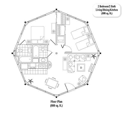 Prefab Guest House House Plan - GH-0306 (800 sq. ft.) 2 Bedrooms, 1 Baths, 2 Bed, 2 Bath, Living Area, Dining & Kitchen (800 sq. ft.)