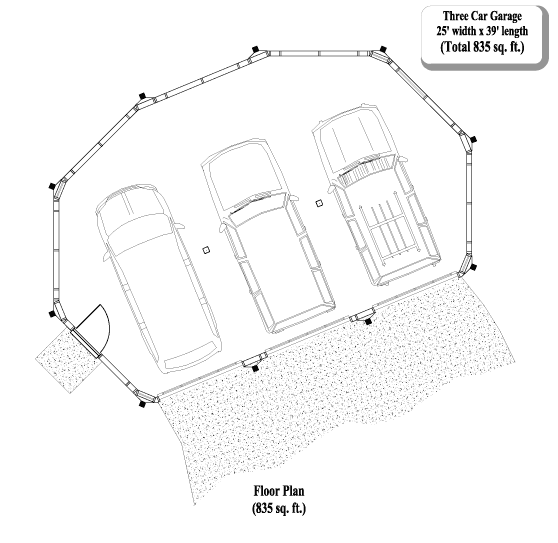 Prefab Garage House Plan - GR-0202 (835 sq. ft.) 0 Bedrooms, 0 Baths, 3 Car Garage (835 sq. ft.)