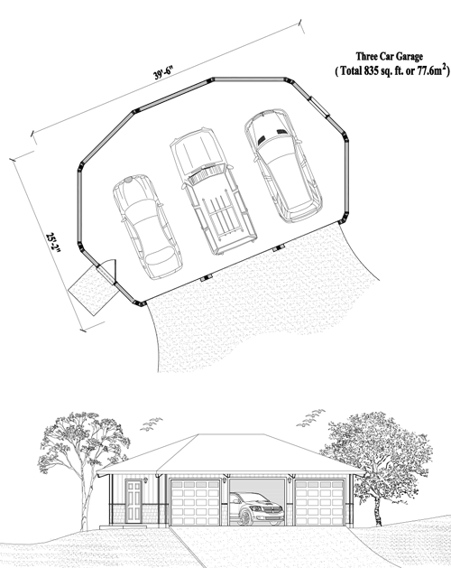 Prefab Garage House Plan - GR-0222 (835 sq. ft.) 0 Bedrooms, 0 Baths, 3 Car Garage (835 sq. ft.)