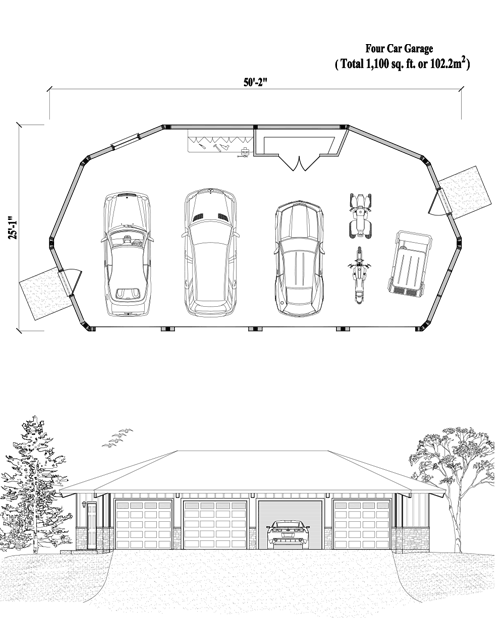 Prefab Garage House Plan - GR-0223 (1100 sq. ft.) 0 Bedrooms, 0 Baths, 4 Car Garage (1,100 sq. ft.)